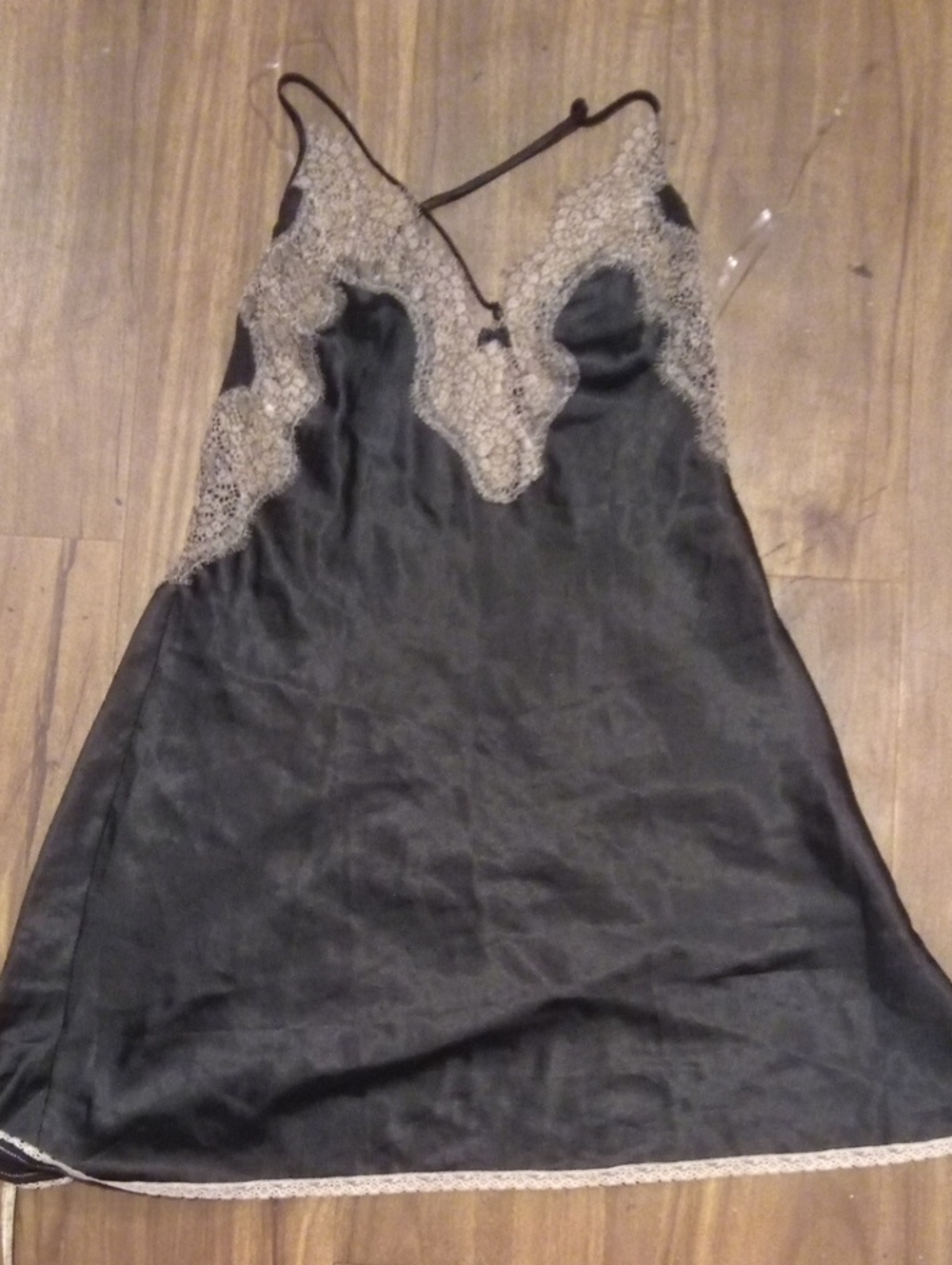 Victoria's Secret Black Satin Chemise with Cream Lace